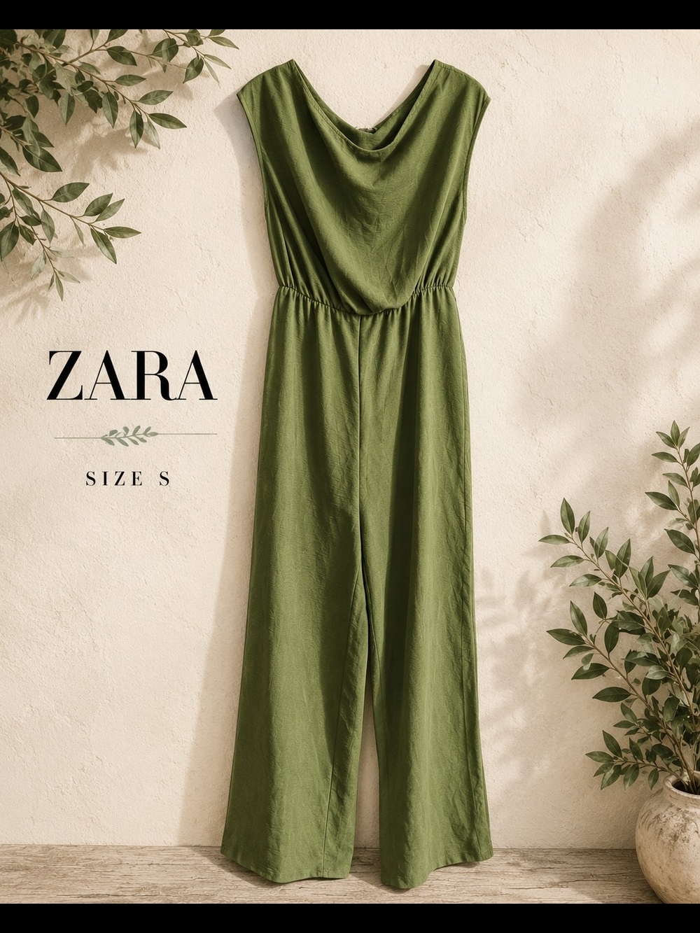 Zara Sage Green Sleeveless Assymetrical Wide Leg Jumpsuit Size S